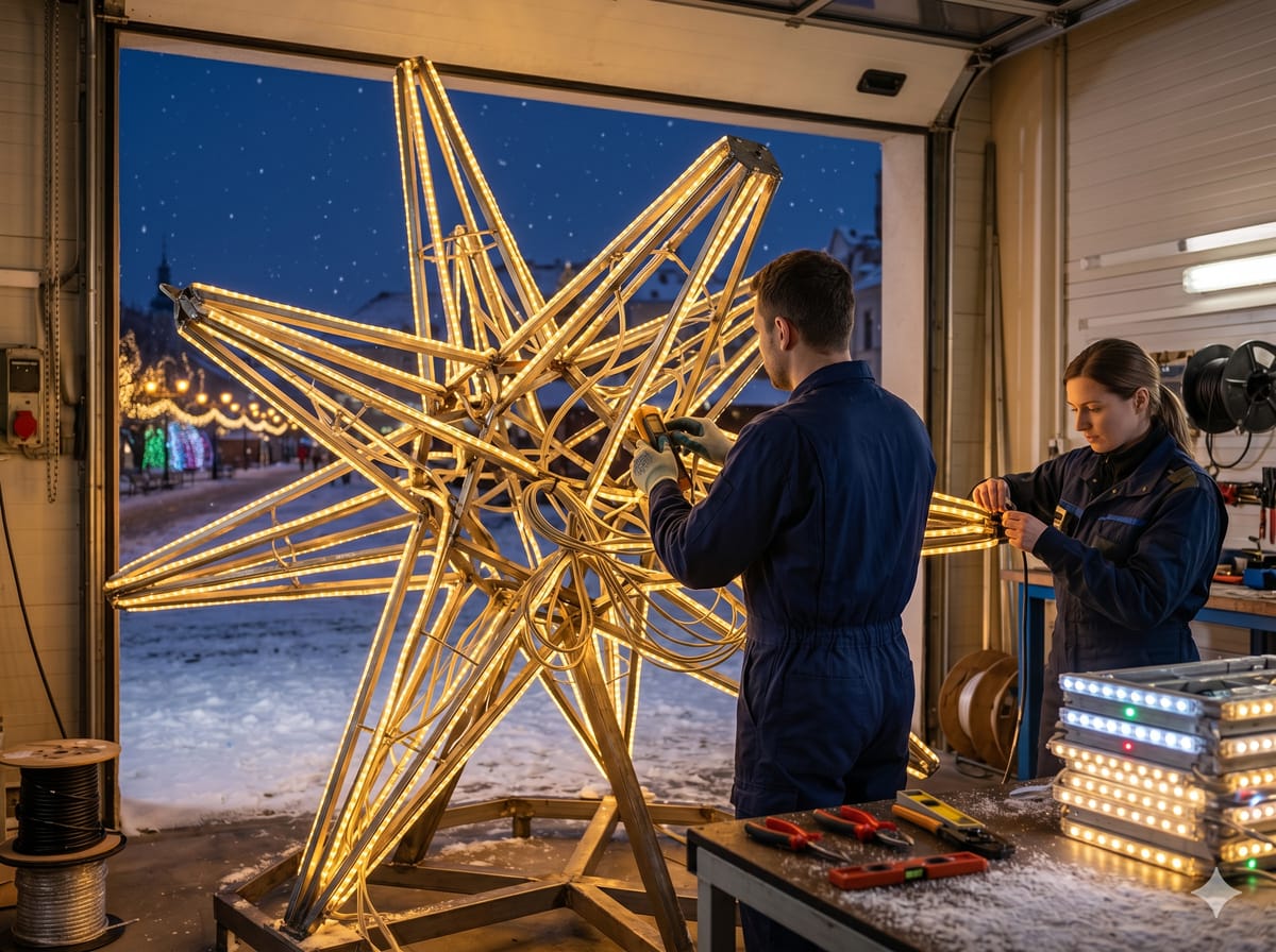 Zespół CR Iluminacje montuje świetlną konstrukcję gwiazdy w warsztacie — kadr z produkcji dekoracji LED.
