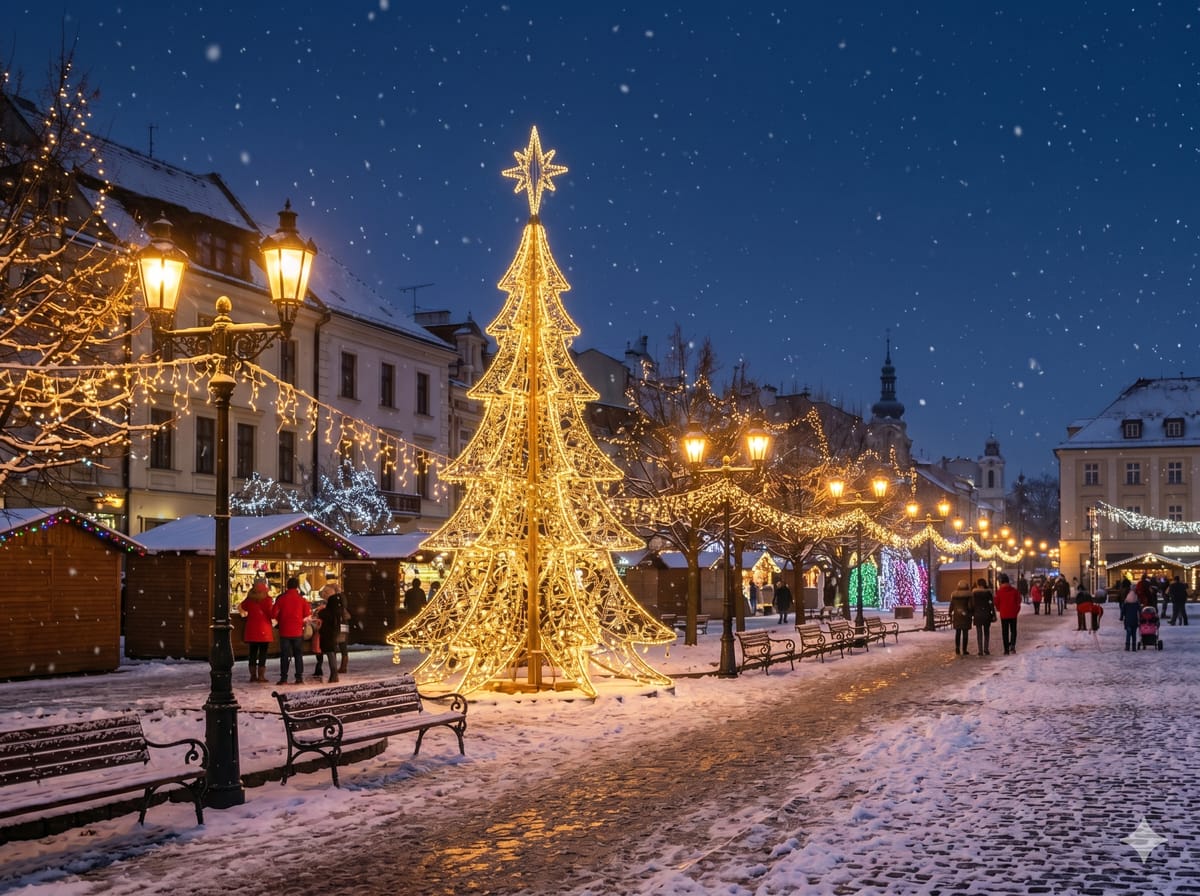 Nocna iluminacja rynku miejskiego — świetlna choinka i ciągi świetlne nad deptakiem, zimowy wieczór.