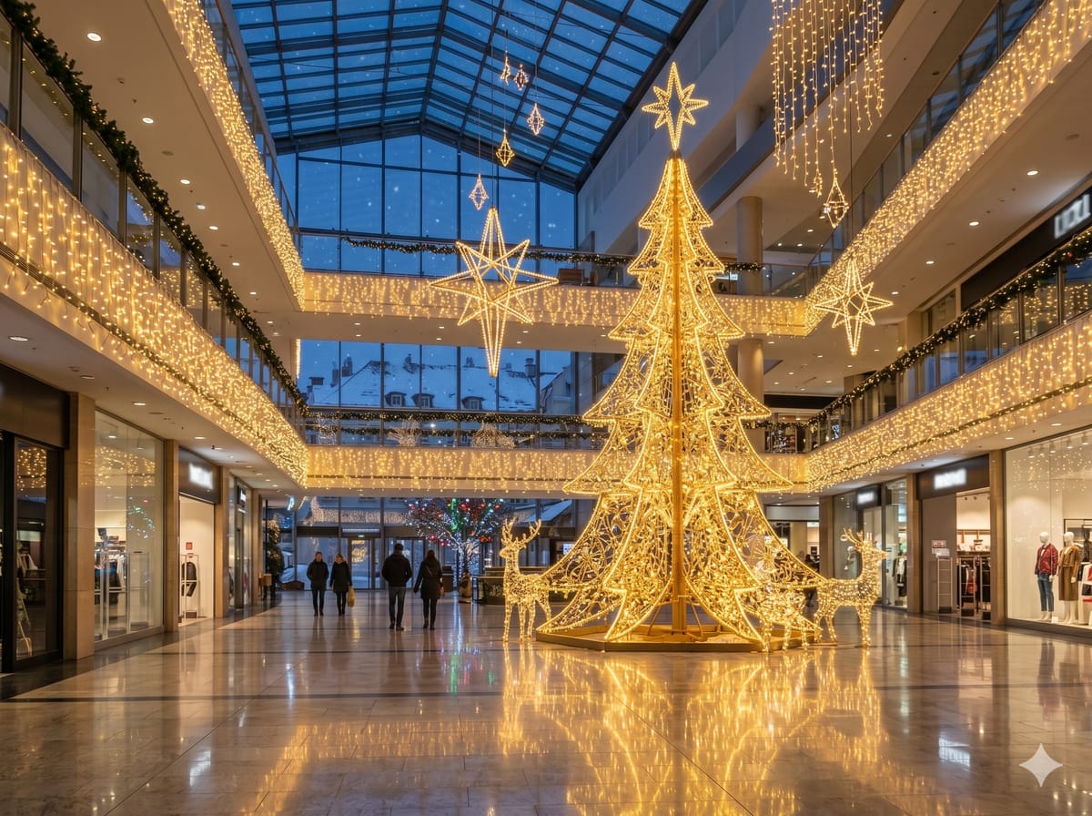Świetlna dekoracja wnętrza galerii handlowej — choinka i motywy 3D w przeszklonym atrium.
